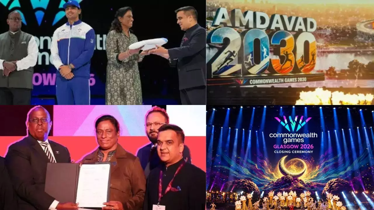 Glasgow Commonwealth Games 2026 का समापन, भारत को मिली 100वें कॉमनवेल्थ गेम्स की मेजबानी, सौंपा गया झंडा और बैटन Glasgow Commonwealth Games 2026 का समापन, भारत को मिली 100वें कॉमनवेल्थ गेम्स की मेजबानी, सौंपा गया झंडा और बैटन