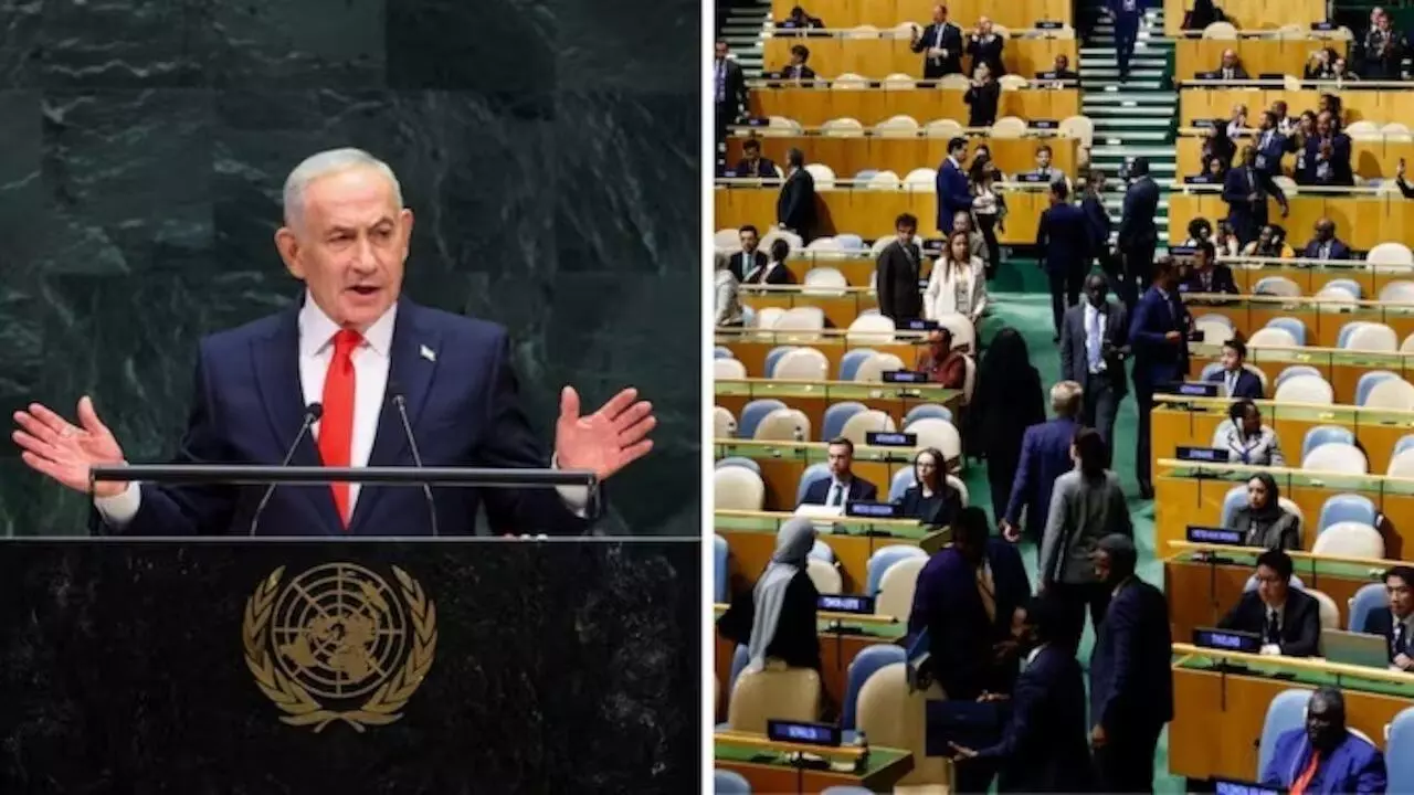 UNGA में नेतन्याहू का भाषण: मंच पर पहुंचते ही 75 देशों ने बायकॉट किया, करीब 3 मिनट बाद शुरू किया संबोधन UNGA में नेतन्याहू का भाषण: मंच पर पहुंचते ही 75 देशों ने बायकॉट किया, करीब 3 मिनट बाद शुरू किया संबोधन